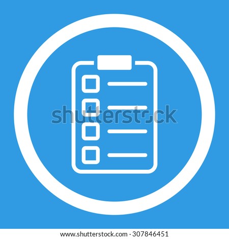 Examination vector icon. This rounded flat symbol is drawn with white color on a blue background.