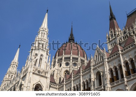 The beautiful exterior of the Hungarian Parliament Building in Budapest.