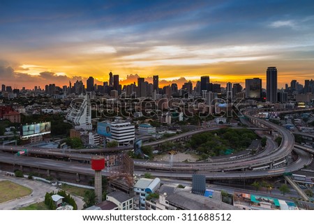 Bangkok city freeway intersection with beauty sky during sunset