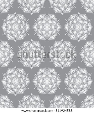 Beautiful vector Print Seamless Pattern. Mandala Flowers with grey background.