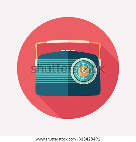 Blue vintage radio flat round icon with long shadows.