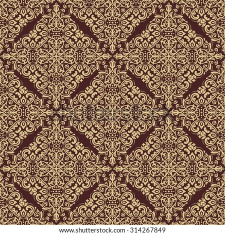 Damask seamless ornament. Traditional vector pattern. Classic oriental brown and golden background
