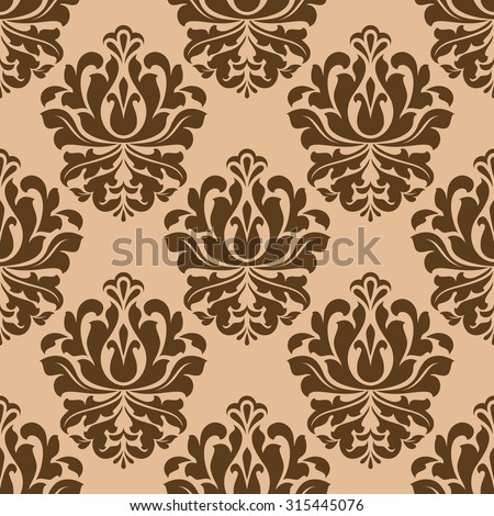 Seamless bold brown colored floral arabesque pattern in damask style motifs suitable for wallpaper, tiles and fabric design isolated over light brown colored background