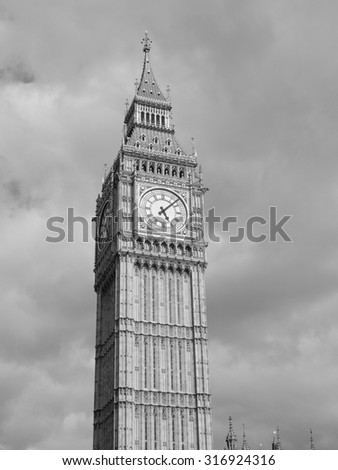 Big Ben at the Houses of Parliament aka Westminster Palace in London, UK in black and white