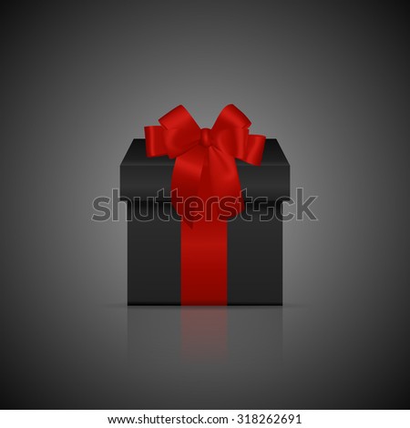 Black square gift box with red ribbon and bow. Vector EPS10 illustration. 