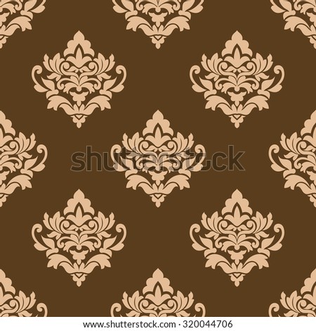 Beige colored  decorative foliate and floral arabesque seamless pattern in damask style motifs suitable for wallpaper, tiles and fabric design isolated over brown colored background in square format