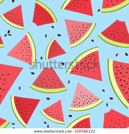 Watermelon slices on blue background. Fruit vegetable berry seamless pattern.