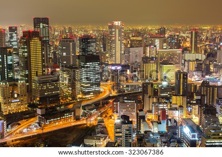 Ultramodern cityscape of Osaka, Japan the country's second largest city.