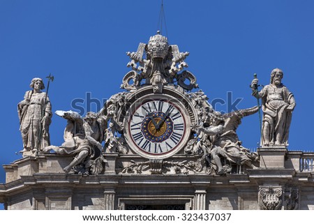 One of the giant clocks on the St. Peter's facade. Two clocks were added on both sides of the St. Peter's facade in 1786-1790 by Giuseppe Valadier.