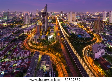 Bangkok trident expressway and highway top view at night, Thailand
