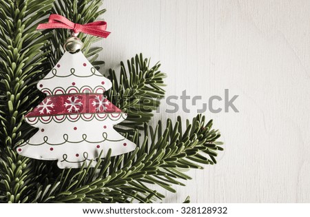 Christmas decoration, evergreens, white wood, christmas tree