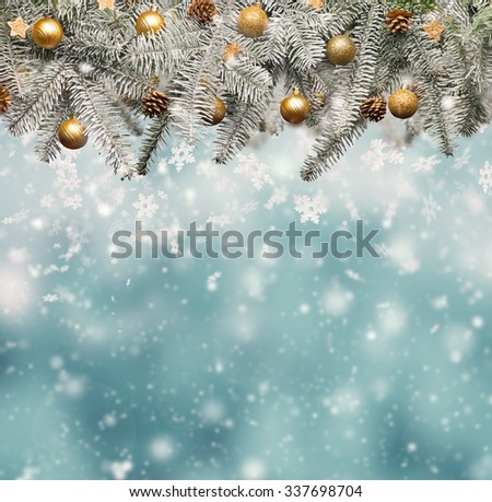 Christmas fir tree with decoration on blur shiny background