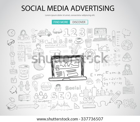 Social Media Advertising concept with Doodle design style: online solution, social media campain, creative ideas,Modern style illustration for web banners, brochure and flyers.