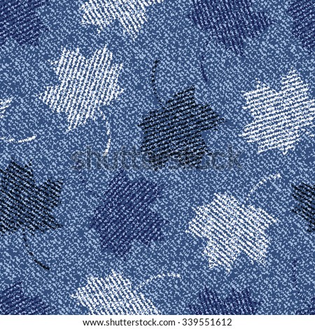 Jeans background with maple leaves. Camouflage Vector Denim seamless pattern. Blue jeans cloth.