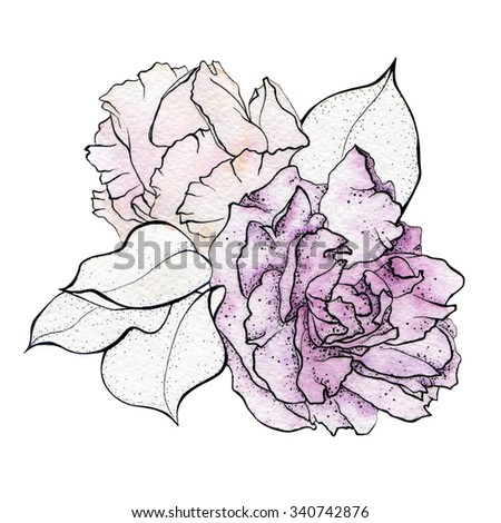 Hand drawn watercolor wild roses with ink borders. Illustration in soft and gentle pink colors.