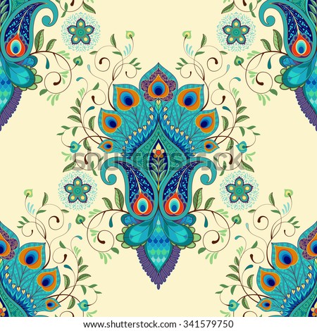 Vector seamless background. Oriental peacock feathers pattern. 