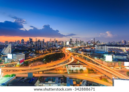 Bangkok expressway and highway top view during twilight time, Thailand