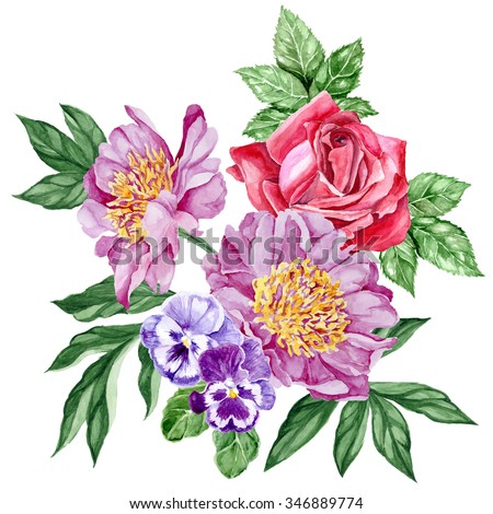 Beautiful bouquet with red roses, purple peonies and flowers of violets. Watercolor, hand painted illustration