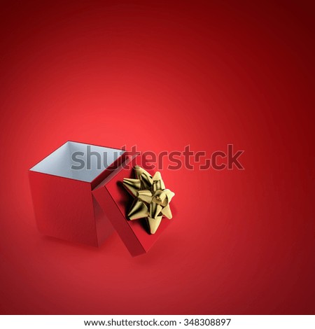 open red gift box with golden ribbon 3d render on red background 