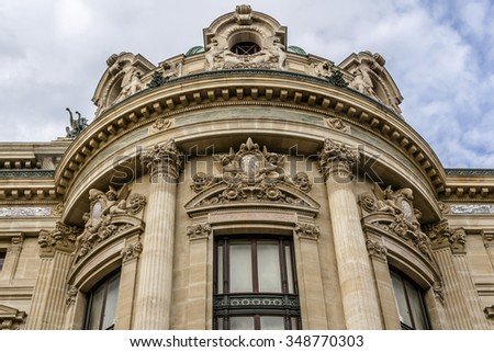 Architectural details of Opera National de Paris. Grand Opera (Garnier Palace) is famous neo-baroque building in Paris, France - UNESCO World Heritage Site.