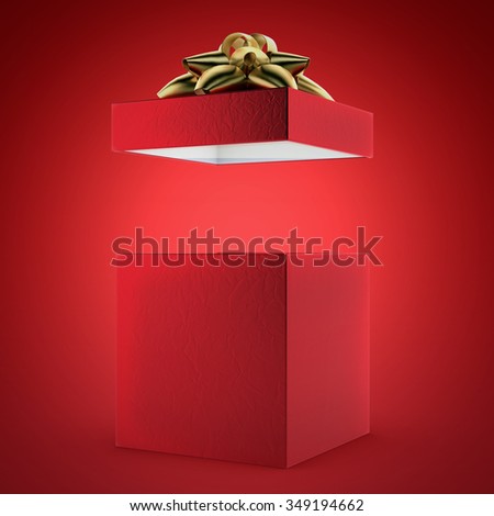 open red gift box with golden ribbon 3d render on red background