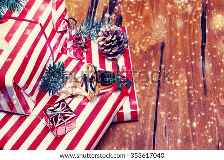 Winter Christmas Card with festive decoration - New Year holiday background with copy space