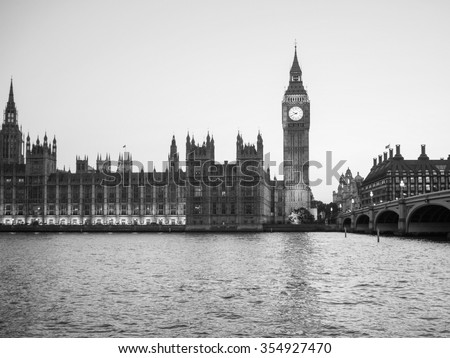 Houses of Parliament aka Westminster Palace at night in London, UK in black and white