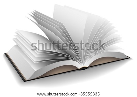 Vector illustration of opened book with hard black cover isolated on white background.