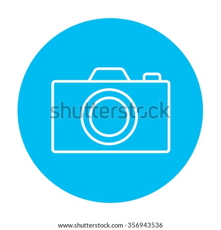 Camera line icon for web, mobile and infographics. Vector white icon on the light blue circle isolated on white background.