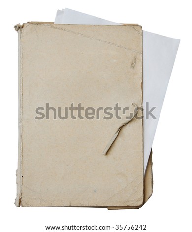 old folder with stack of old papers isolated on white background with clipping path