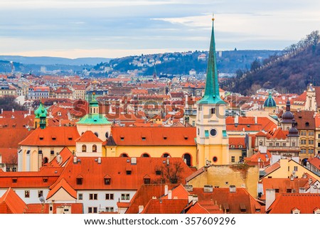 Traditional red roofs in old town of Prague viewed from the Prague Castle