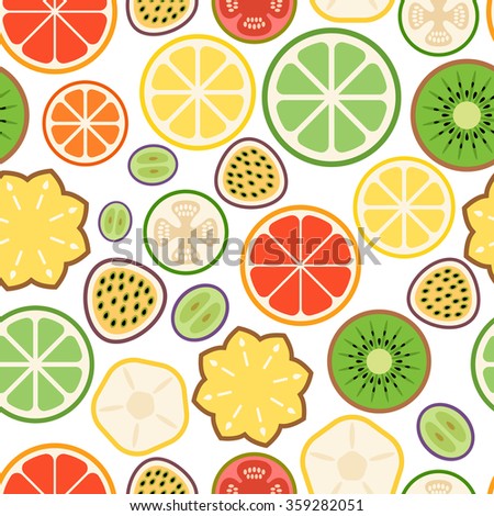 Cute seamless pattern with halves of fruits on the light background