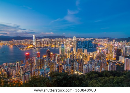 The cityscape of Hong Kong city during dusk time.