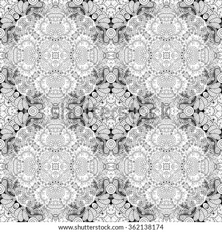 Tracery binary monochrome pattern. Mehendi carpet design. Neat even harmonious calming doodle texture. Also seamless. Indifferent discreet. Ambitious bracing usable, curved doodling mehndi. Vector.