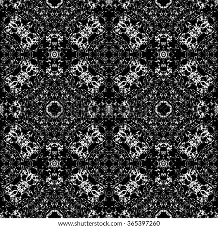 White shinning frames, calligraphic outlined stroke. Monochrome seamless pattern in traditional style. Kaleidoscopic ornate floral design.