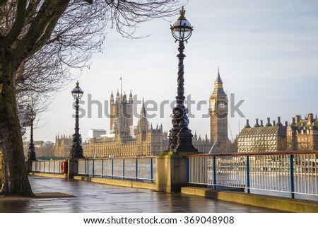 Early in the morning in central London with Big Ben and Houses of Parliament - London, UK