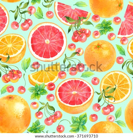Seamless watercolor pattern with orange, grapefruit, cherry and mint on light green background