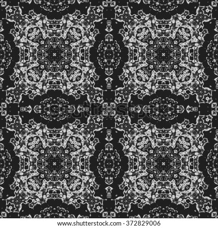 White shinning frames, rich calligraphic outlined stroke. Monochrome seamless pattern in traditional style. Kaleidoscopic ornate floral design. 