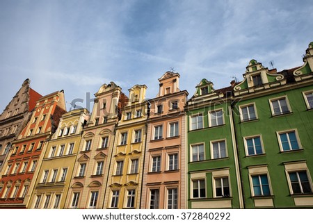Historic tenement houses with gables in the Old Town, city of Wroclaw, Lower Silesia, Poland