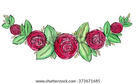  Beautiful watercolor corner frame roses. Hand drawn raster floral illustration for your design: card, invitation, logo, brochure, banner