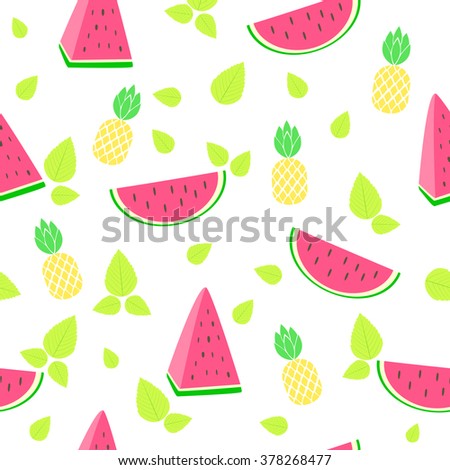Vector seamless summer background with watermelon, pineapple and mint leaves