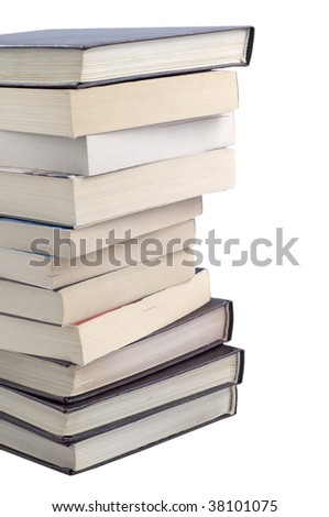 Stack of hardback books for study on white background