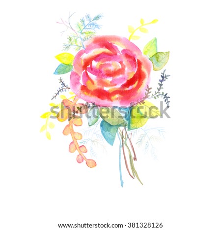 Bouquet of roses, watercolor, can be used as greeting card, invitation card for wedding, birthday and other holiday and summer background. watercolor flowers rose, pink and purple rose with gold leaf