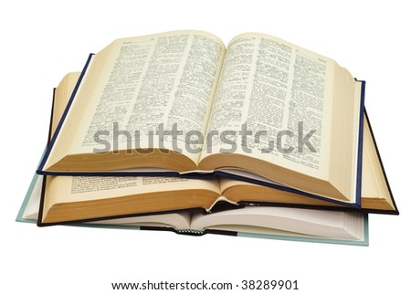pile of three open old looking books isolated on white background, saved with clipping path
