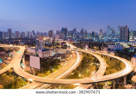 Night view city downtown background with highway intersection curved