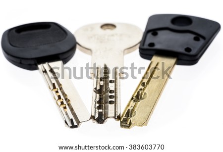 Bunch of Mechanical security anti theft burglary protection silver keys isolated on white. Concept of home security