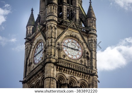 Manchester City Town Hall Clock Tower. Manchester, UK.