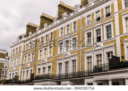 Facade of an opulent  British Victorian Edwardian terraced flat in South Kensington, London.