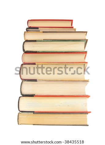 Stack of hardcover books on white