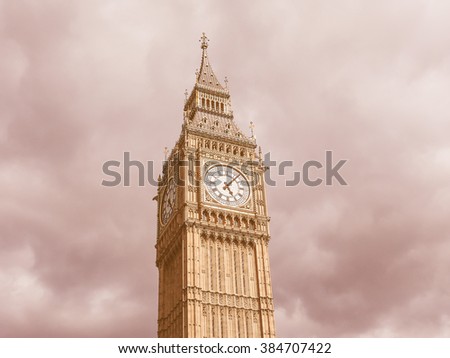 Vintage looking Big Ben at the Houses of Parliament aka Westminster Palace in London, UK